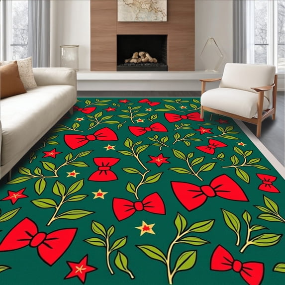 ODIKA 4'x6' Machine Washable Non-Slip Area Rug, Elegant Bow Tie with Twinkling Stars and Swirling Ivy Embellishments High Traffic Rug, Green, 624617
