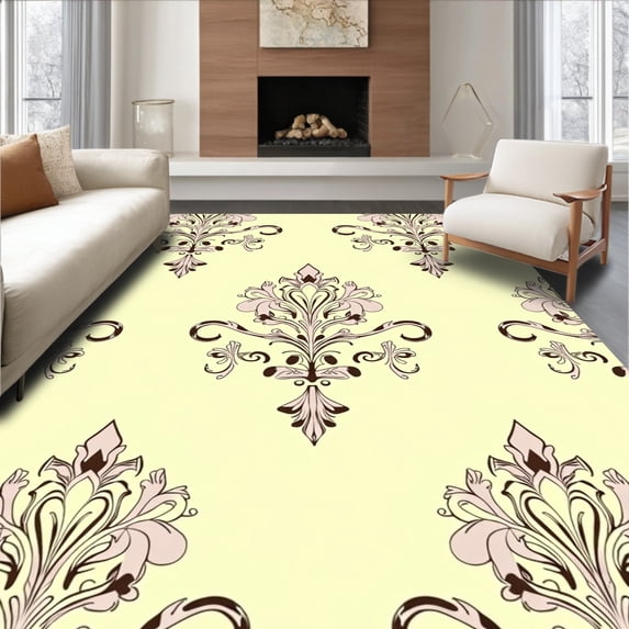 ODIKA 4'x6' Machine Washable Non-Slip Area Rug, Elegant Damask Scrollwork Accent with Ornate Curvilinear Motifs High Traffic Rug with Pad, Yellow, 522804