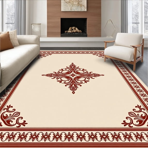 ODIKA 4'x6' Machine Washable Non-Slip Area Rug, Elegant Damask Weathered Heritage High Traffic Rug, Ivory, 662760