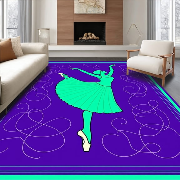 ODIKA 4'x6' Machine Washable Non-Slip Area Rug, Elegant Dancer Needlework Crafting Project High Traffic Rug, Teal, 645860