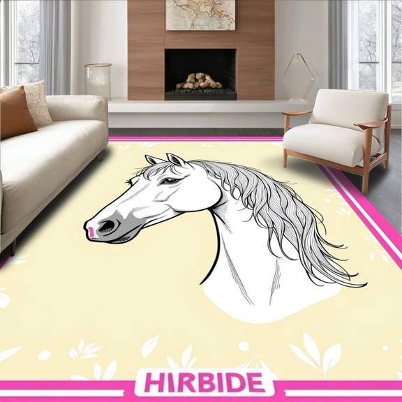 ODIKA 4'x6' Machine Washable Non-Slip Area Rug, Elegant Equestrian Yarn Art Cushion Canvas Steed Design High Traffic Rug, Beige, 642960