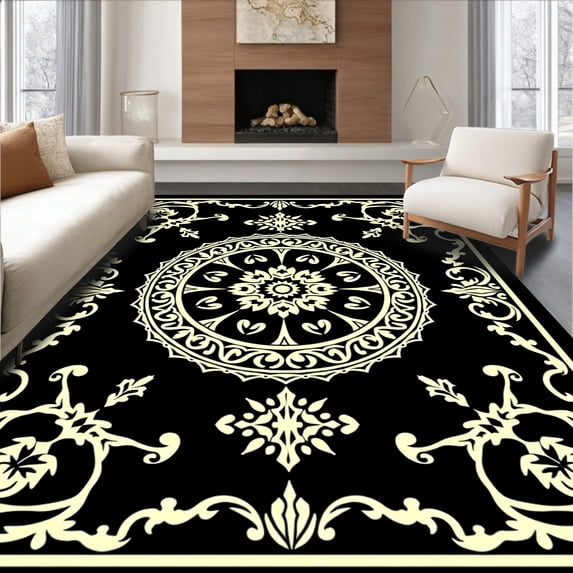 ODIKA 4'x6' Machine Washable Non-Slip Area Rug, Elegant Floral Baroque Medallion High Traffic Rug, Black, 565098