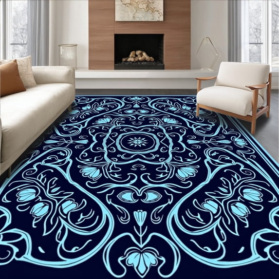 ODIKA 4'x6' Machine Washable Non-Slip Area Rug, Elegant Floral Lattice With Sophisticated Vine High Traffic Rug, Blue, 396198