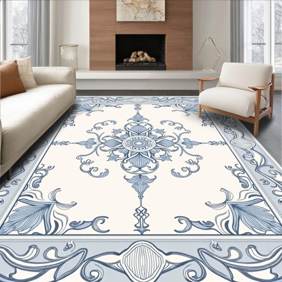 ODIKA 4x6 Machine Washable Non-Slip Area Rug, Elegant Floral Scroll Medallion Heritage High Traffic Rug, White, 657504