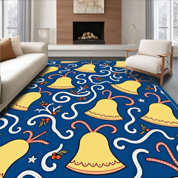 ODIKA 4'x6' Machine Washable Non-Slip Area Rug, Elegant Frosted Sleigh Bell Array with Stylized Ribbon and Berry Sprigs High Traffic Rug with Pad, Blue, 629831