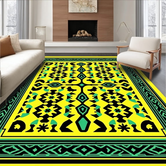 ODIKA 4'x6' Machine Washable Non-Slip Area Rug, Elegant Interlocking Lattice With Decorative Borders High Traffic Rug with Pad, Yellow, 528546