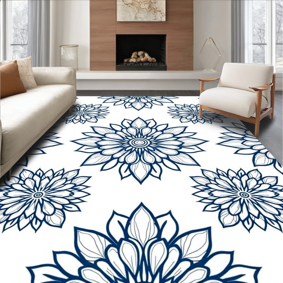ODIKA 4'x6' Machine Washable Non-Slip Area Rug, Elegant Interlocking Lotus Design with Ornate Swirls and Petal Layers High Traffic Rug, Blue, 713854