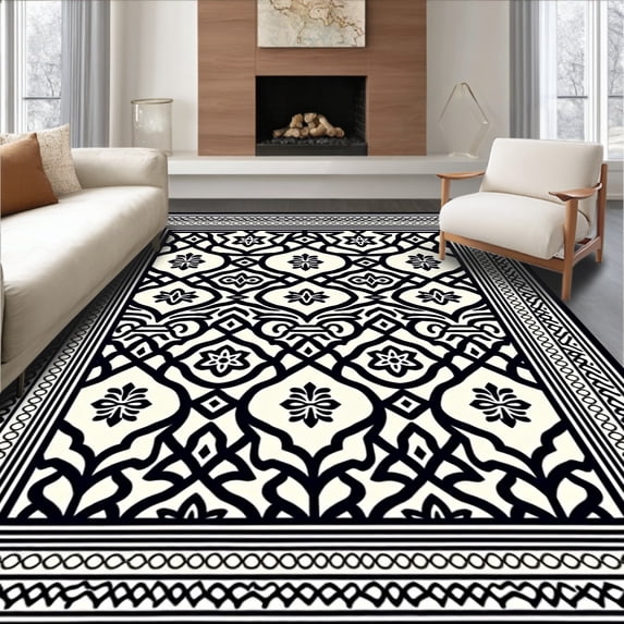 ODIKA 4'x6' Machine Washable Non-Slip Area Rug, Elegant Interlocking with Modern Aesthetic High Traffic Rug, Black, 358905