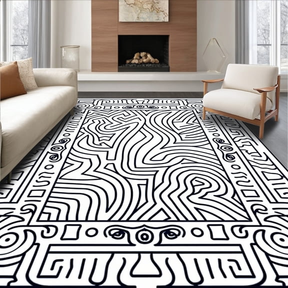 ODIKA 4x6 Machine Washable Non-Slip Area Rug, Elegant Knot Curved Labyrinth Decorative Maze High Traffic Rug, Black, 556270