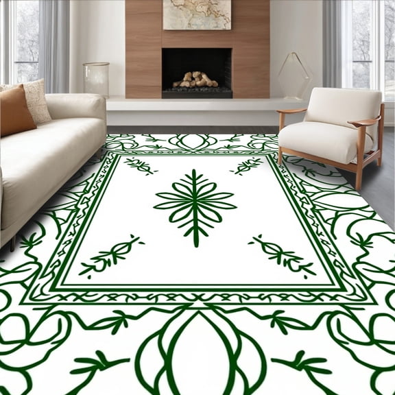 ODIKA 4'x6' Machine Washable Non-Slip Area Rug, Elegant Lattice Trellis Vine Motif Decorative Accent High Traffic Rug, Green, 547317