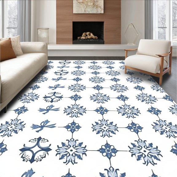 ODIKA 4x6 Machine Washable Non-Slip Area Rug, Elegant Latticework Floral Enchanting Traditional Motif High Traffic Rug, Blue, 596795