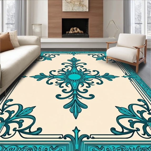 ODIKA 4'x6' Machine Washable Non-Slip Area Rug, Elegant Medallion Trellis Interwoven Damask High Traffic Rug with Pad, Beige, 558691