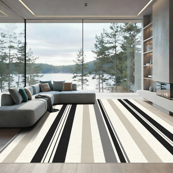 ODIKA 4'x6' Machine Washable Non-Slip Area Rug, Elegant Monochrome Striped with Farmhouse Aesthetic for Versatile Spaces High Traffic Rug, Black, 890014