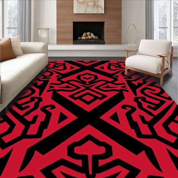 ODIKA 4x6 Machine Washable Non-Slip Area Rug, Elegant Motif Featuring Interlocking Chevron and Shapes High Traffic Rug, Red, 517052
