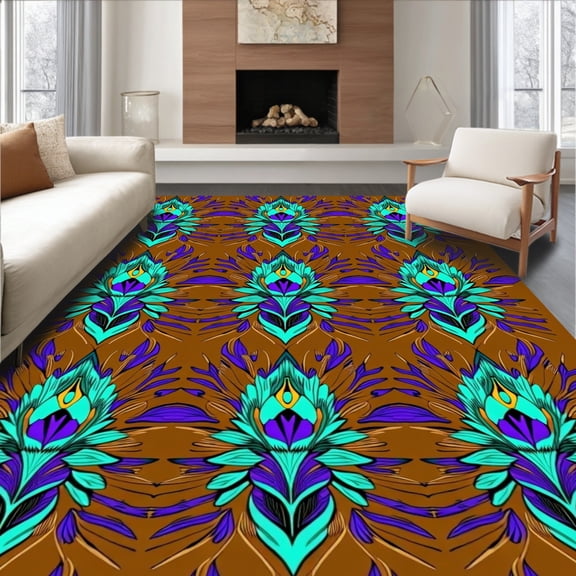 ODIKA 4'x6' Machine Washable Non-Slip Area Rug, Elegant Peacock Feather Entry Decorative Doorway Greeting High Traffic Rug, Brown, 663000