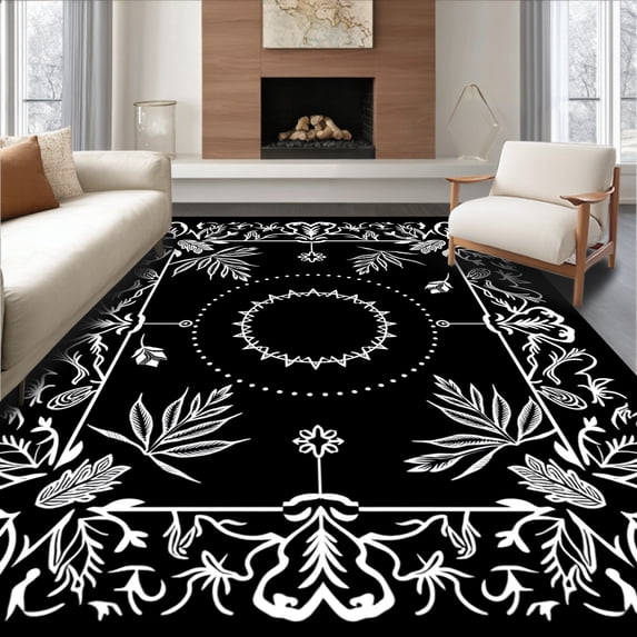 ODIKA 4'x6' Machine Washable Non-Slip Area Rug, Elegant Pinecone Wreath Yuletide Welcome Doorstep Decoration High Traffic Rug, Black, 733372