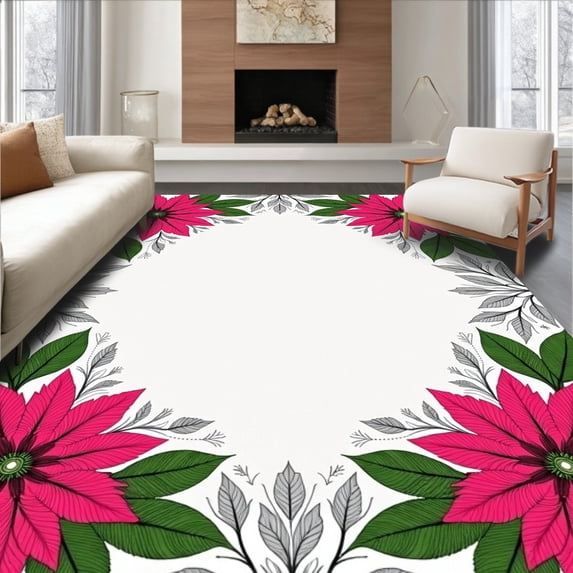 ODIKA 4'x6' Machine Washable Non-Slip Area Rug, Elegant Poinsettia Floral Decorative Xmas Hearth High Traffic Rug with Pad, Pink, 626326