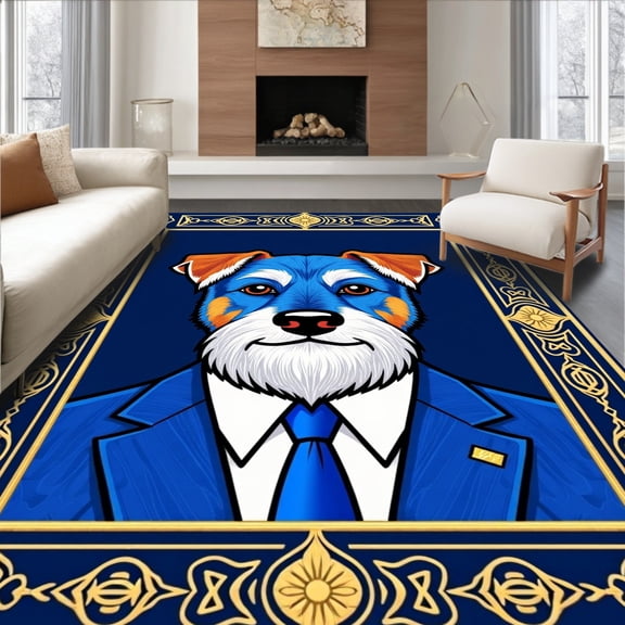 ODIKA 4'x6' Machine Washable Non-Slip Area Rug, Elegant Pooch Treasure Hound High Traffic Rug, Blue, 644649