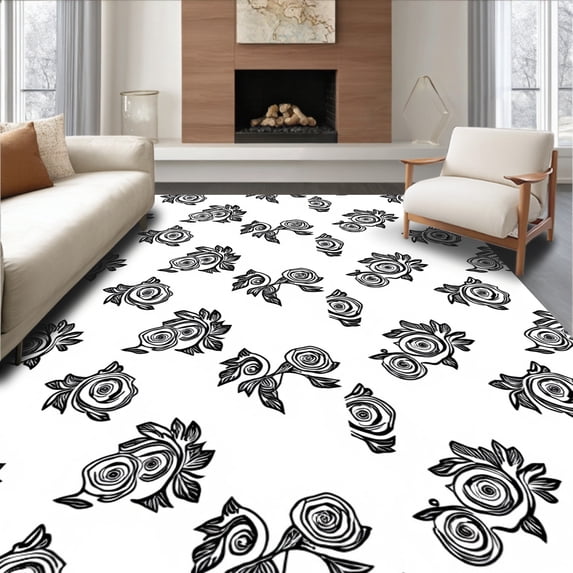 ODIKA 4'x6' Machine Washable Non-Slip Area Rug, Elegant Rose Bloom Latch Hook Needlework Cushion Canvas Project High Traffic Rug with Pad, Black, 650989