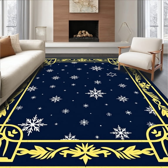 ODIKA 4'x6' Machine Washable Non-Slip Area Rug, Elegant Snowfall Midnight Celebration Artisan Creation High Traffic Rug with Pad, Blue, 628307