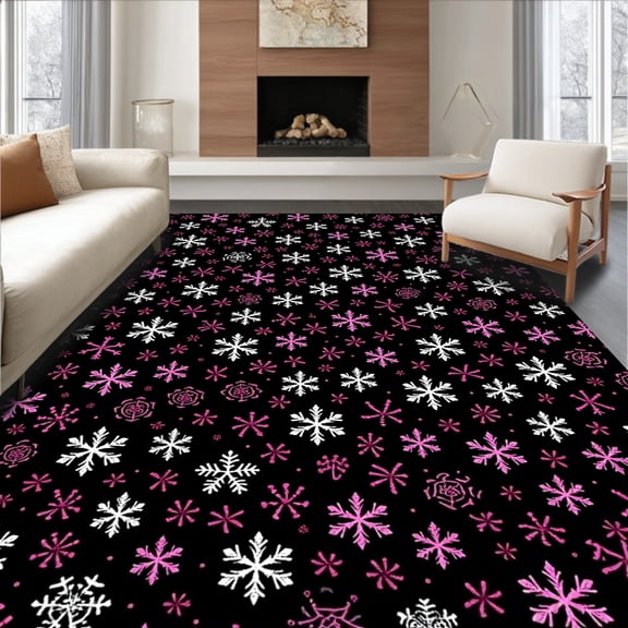 ODIKA 4'x6' Machine Washable Non-Slip Area Rug, Elegant Snowflake Cascade Tree Skirt with Silver Sequin Embellishments High Traffic Rug, Black, 740747