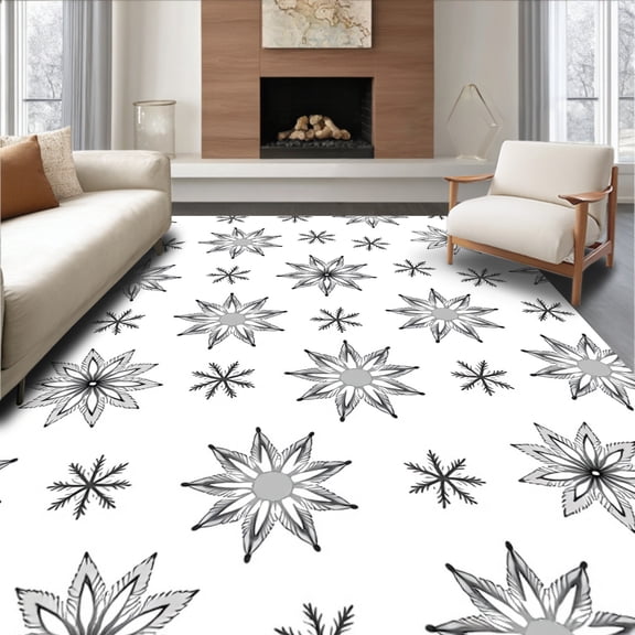 ODIKA 4'x6' Machine Washable Non-Slip Area Rug, Elegant Snowflake Wonderland Holiday Decoration Base Accessory High Traffic Rug, Gray, 629676