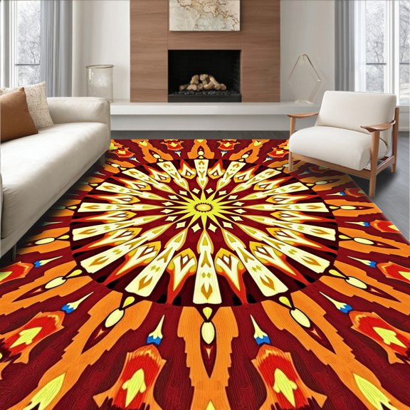 ODIKA 4x6 Machine Washable Non-Slip Area Rug, Elegant Sunburst Medallion Abstract Artistic Vintage Distressed High Traffic Rug, Orange, 543930