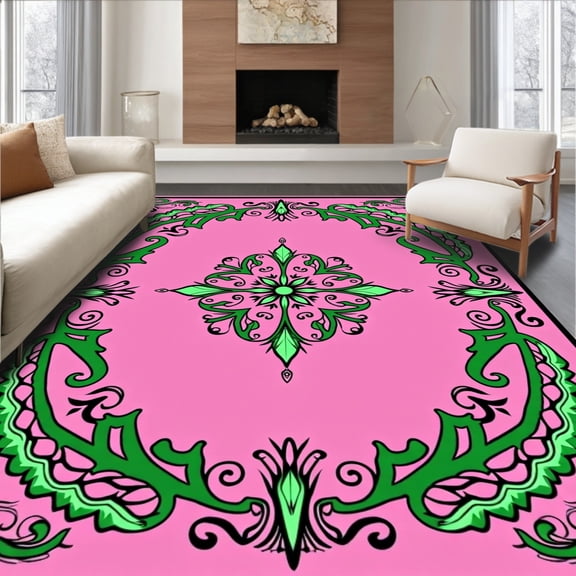 ODIKA 4'x6' Machine Washable Non-Slip Area Rug, Elegant Swirl Damask Interlocking Scroll Floral Botanical High Traffic Rug, Pink, 579460