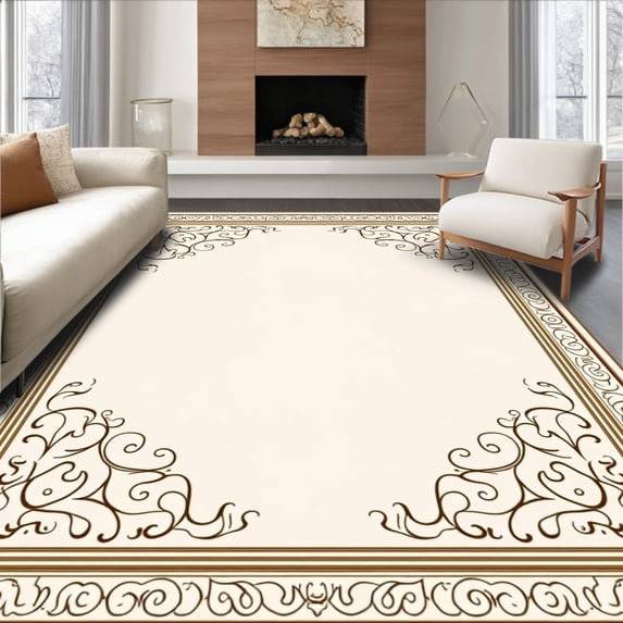 ODIKA 4'x6' Machine Washable Non-Slip Area Rug, Elegant Swirl Damask Traditional Anti Slip High Traffic Rug, Ivory, 478523