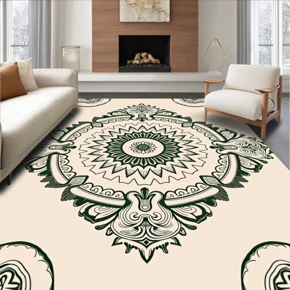 ODIKA 4x6 Machine Washable Non-Slip Area Rug, Elegant Swirl Medallion Accent Floor Decoration High Traffic Rug, Beige, 576752