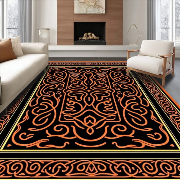 ODIKA 4'x6' Machine Washable Non-Slip Area Rug, Elegant Swirling Medallion Lattice Modern Luxe Statement High Traffic Rug, Black, 581879
