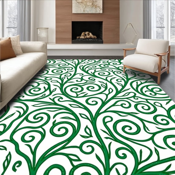 ODIKA 4'x6' Machine Washable Non-Slip Area Rug, Elegant Swirling Vines Abstract Botanical Motif High Traffic Rug, Green, 497209
