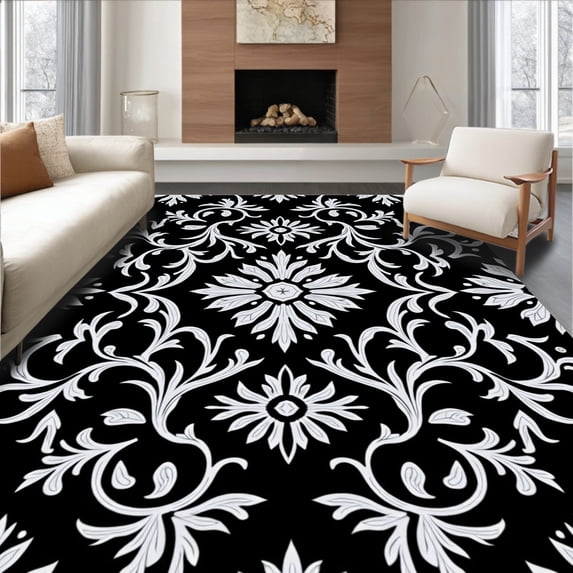 ODIKA 4'x6' Machine Washable Non-Slip Area Rug, Elegant Transitional Damask Floral Hallway Passage High Traffic Rug with Pad, Black, 521315