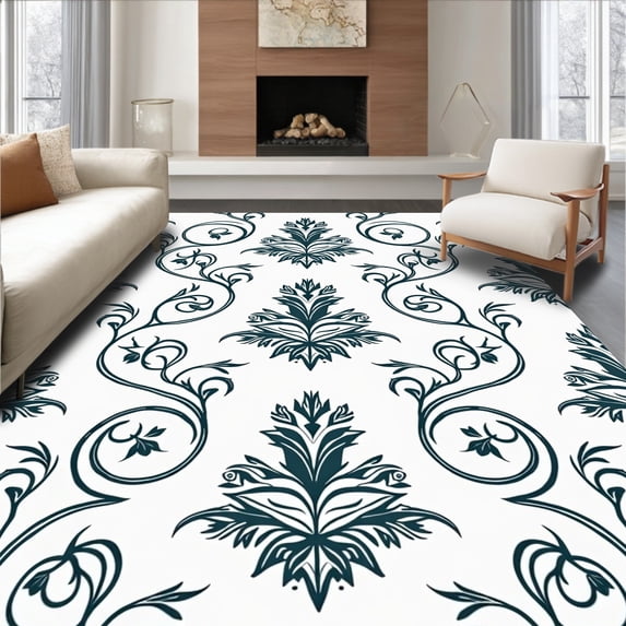 ODIKA 4'x6' Machine Washable Non-Slip Area Rug, Elegant Transitional Damask Scrollwork Botanical High Traffic Rug, Blue, 552296