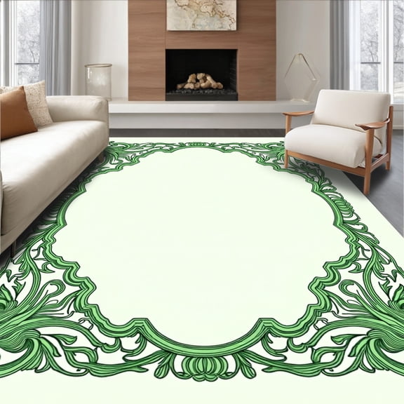 ODIKA 4'x6' Machine Washable Non-Slip Area Rug, Elegant Vine Trellis Border Jacquard High Traffic Rug, Green, 522218