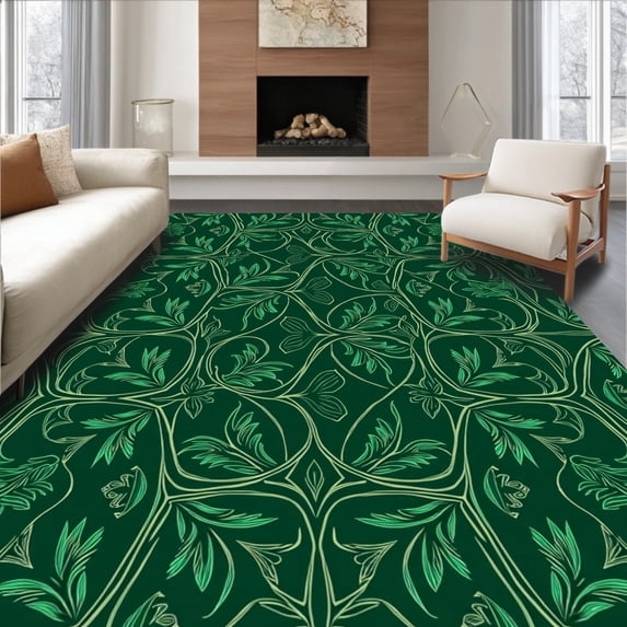 ODIKA 4'x6' Machine Washable Non-Slip Area Rug, Elegant Vine Trellis Intertwined Foliage Decorative Path High Traffic Rug, Green, 476123