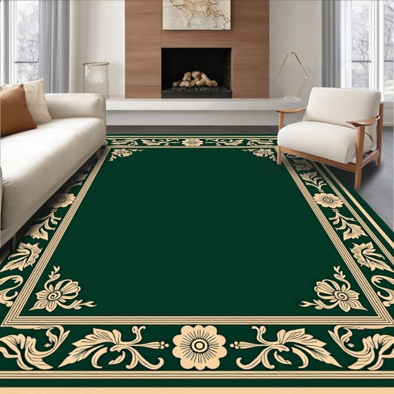 ODIKA 4'x6' Machine Washable Non-Slip Area Rug, Elegant Vintage Inspired Floret Motif Handwoven Artisan Creation High Traffic Rug, Green, 600905