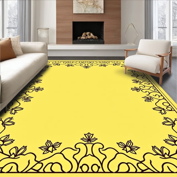 ODIKA 4'x6' Machine Washable Non-Slip Area Rug, Elegant Yuletide Celebration Ornamental Design High Traffic Rug, Yellow, 605776