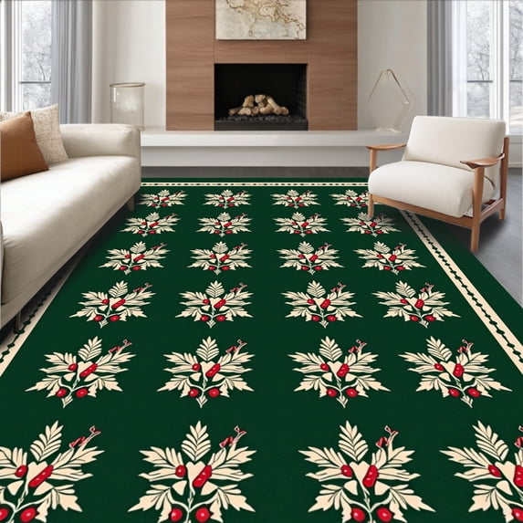 ODIKA 4'x6' Machine Washable Non-Slip Area Rug, Elegant Yuletide Heritage Multi Farmhouse Decorative High Traffic Rug with Pad, Green, 731624