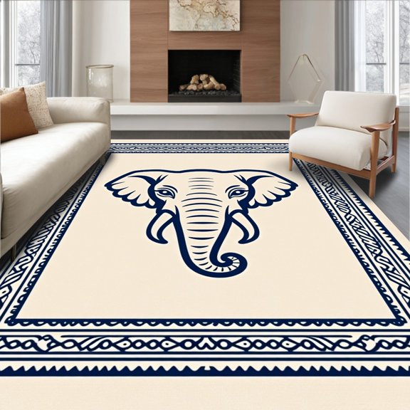 ODIKA 4x6 Machine Washable Non-Slip Area Rug, Elephant Motif Latch Hook Project DIY High Traffic Rug, Ivory, 647615