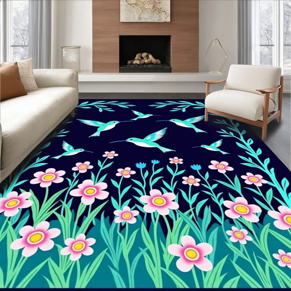 ODIKA 4'x6' Machine Washable Non-Slip Area Rug, Enchanted Aviary Meadow Wonderland High Traffic Rug, Pink, 477865