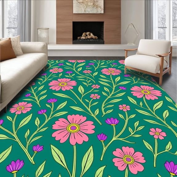 ODIKA 4'x6' Machine Washable Non-Slip Area Rug, Enchanted Botanical Whimsical Floral Meadow High Traffic Rug, Pink, 541730