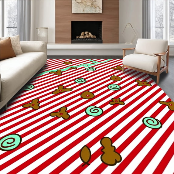 ODIKA 4'x6' Machine Washable Non-Slip Area Rug, Enchanted Cane Stripe Pathway with Gingerbread Motifs High Traffic Rug with Pad, Red, 632925