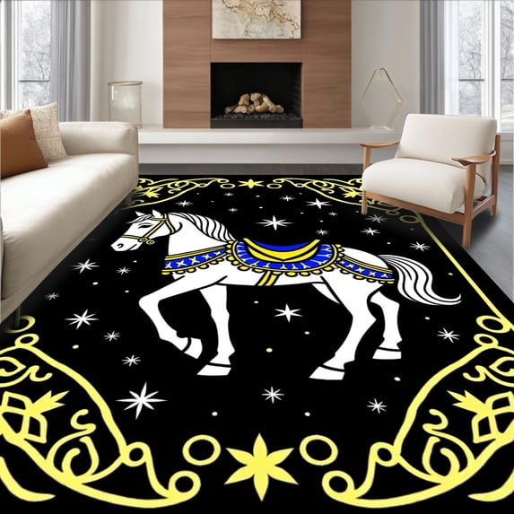 ODIKA 4'x6' Machine Washable Non-Slip Area Rug, Enchanted Carousel Horse with Interlocking Motif Art High Traffic Rug with Pad, Black, 742163