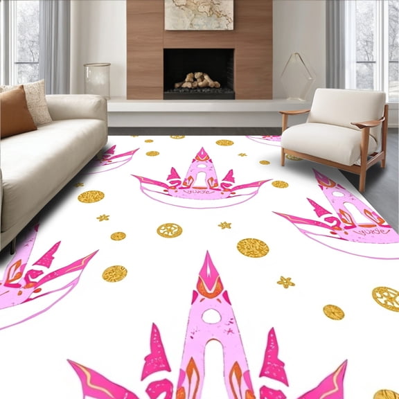 ODIKA 4x6 Machine Washable Non-Slip Area Rug, Enchanted Castle Wonderland Magical Fairy Tale Absorbent High Traffic Rug, Pink, 729002