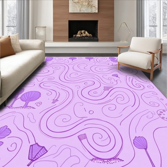 ODIKA 4'x6' Machine Washable Non-Slip Area Rug, Enchanted Discovery Boulevard Exhibiting Symbols Fauna Tracks High Traffic Rug, Purple, 693078