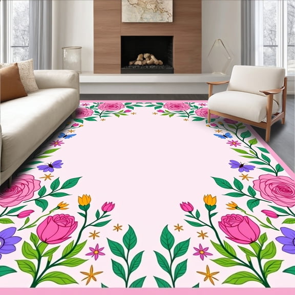 ODIKA 4'x6' Machine Washable Non-Slip Area Rug, Enchanted Fairy Garden Latch Hook Kit with Magical Flowers and Butterflies High Traffic Rug, Pink, 645900