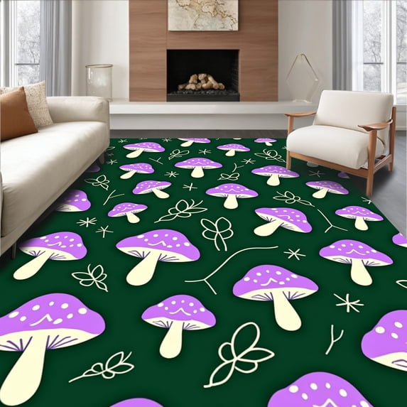 ODIKA 4'x6' Machine Washable Non-Slip Area Rug, Enchanted Fairy Garden Mushroom Circle with Dancing Fireflies High Traffic Rug with Pad, Purple, 574842