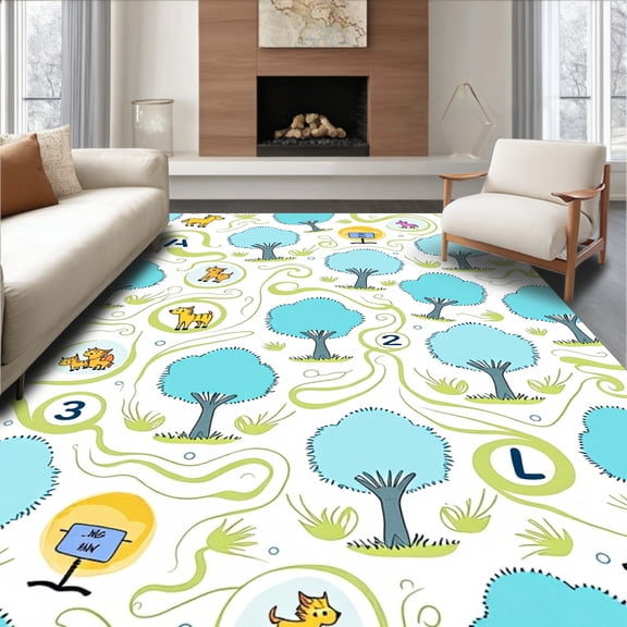 ODIKA 4'x6' Machine Washable Non-Slip Area Rug, Enchanted Forest ABC Safari Exploration Activity High Traffic Rug, Blue, 693041