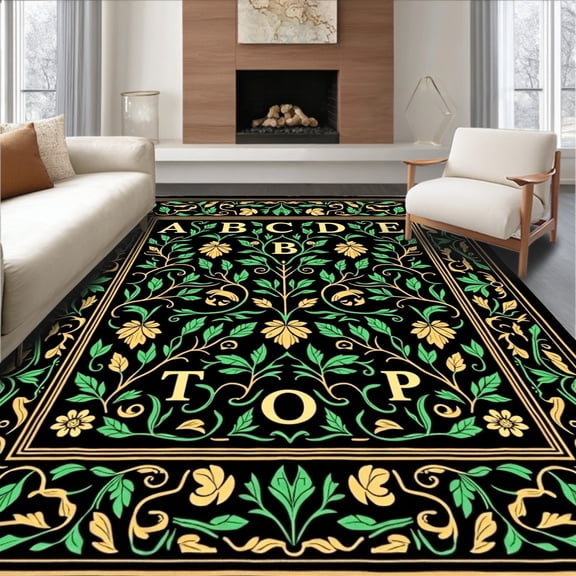 ODIKA 4'x6' Machine Washable Non-Slip Area Rug, Enchanted Forest ABC Showcasing Nature Inspired Letter High Traffic Rug, Black, 699485